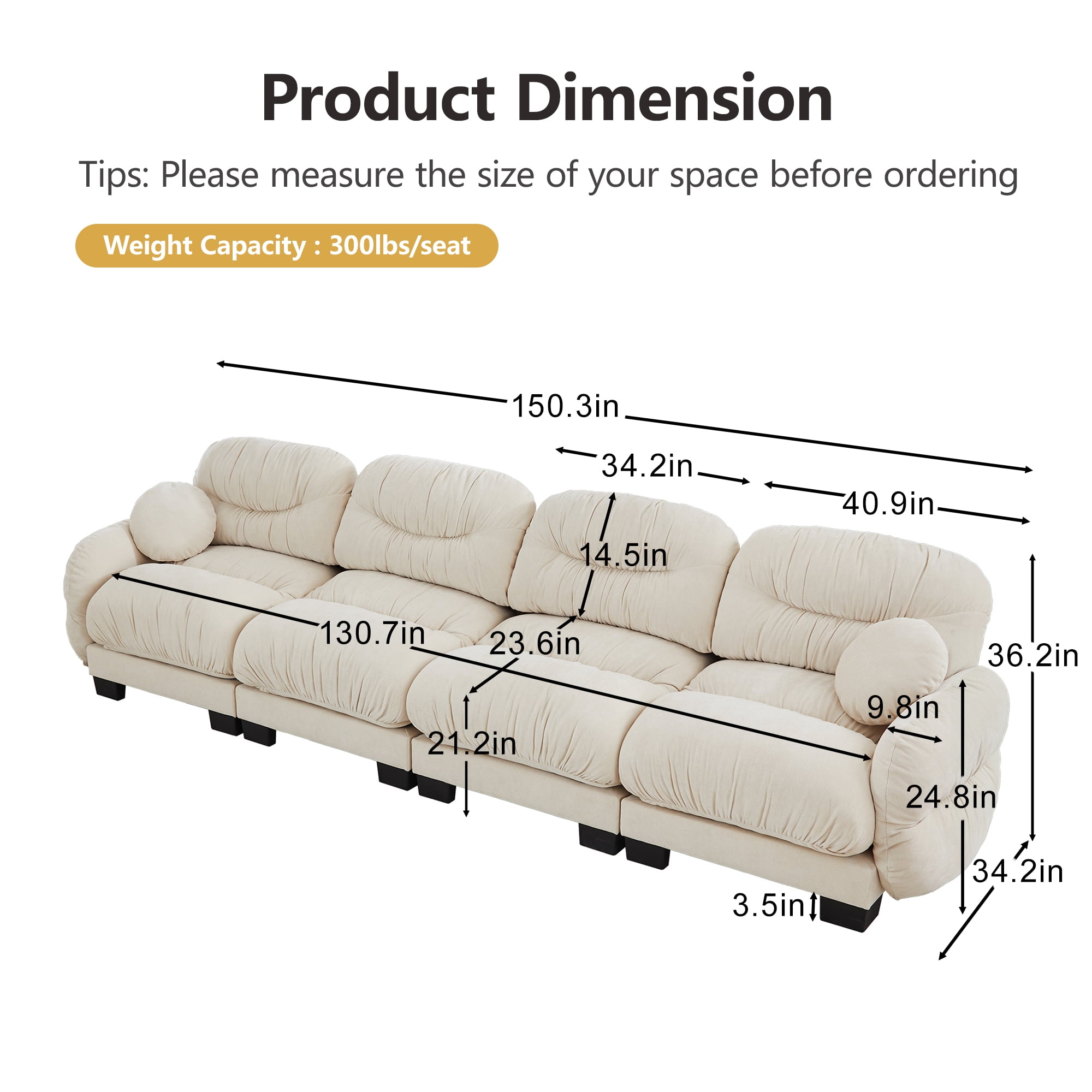 150" 4 Seater Couch Cozy Chenille Sofa with 2 Throw Pillows
