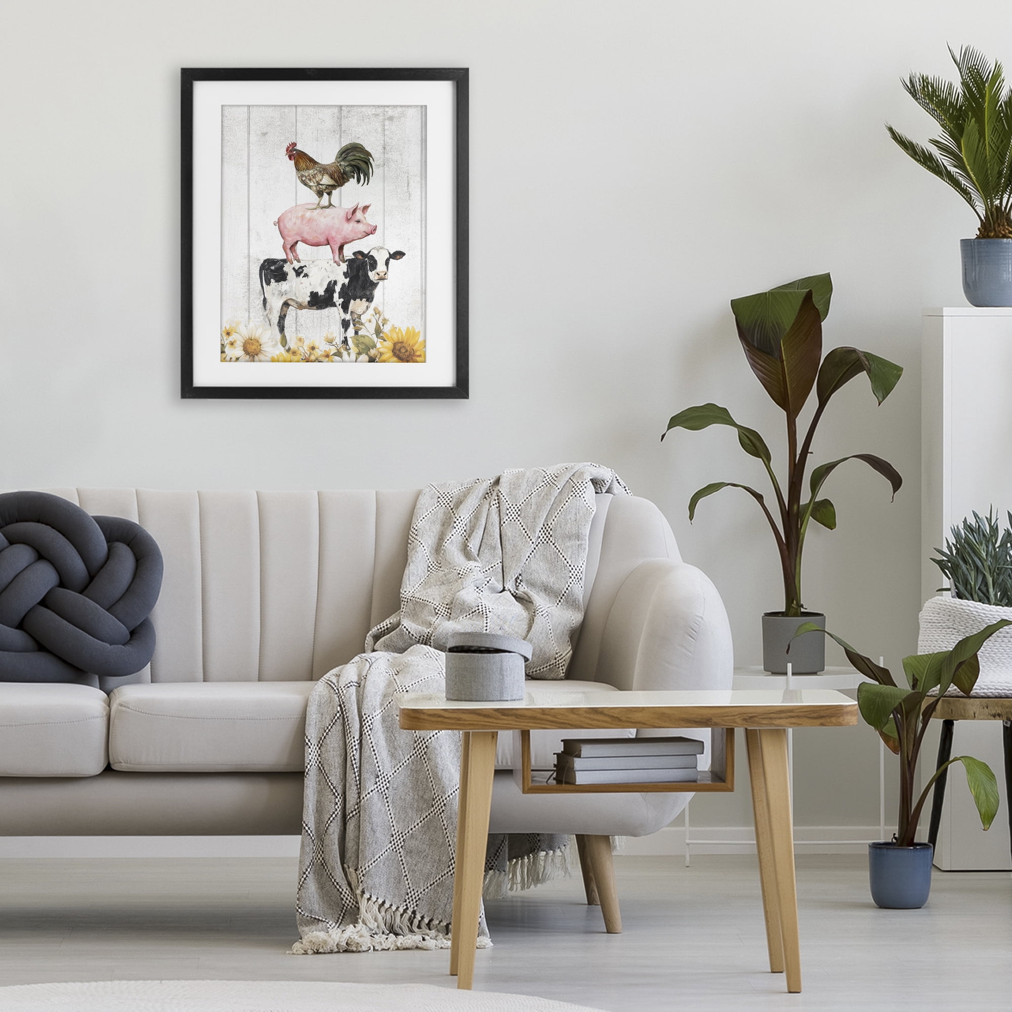 Stupell Industries Farm Animal Stack and Sunflowers Black Framed Print Under Glass, design by Christine Simpson Art