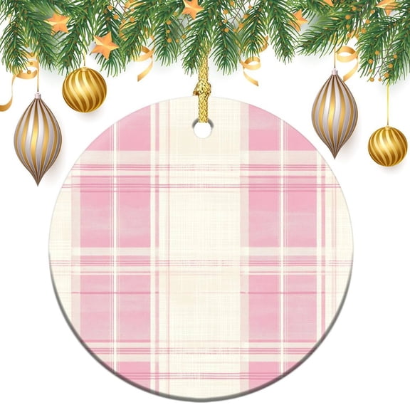Shabby Chic Light Pink And Beige Plaid Ornament Pink Plaid Double-Sided Ceramics Ornaments Ornament for Christmas Tree Christmas Ornament for Family Sister Friend