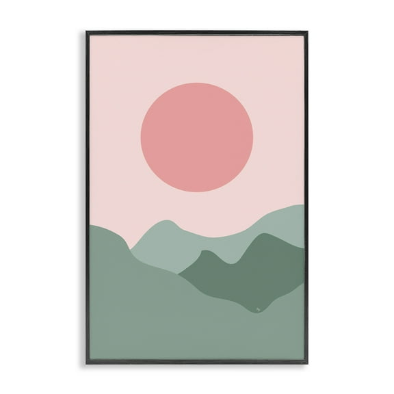 Stupell Industries Pink Sun Green Mountains Landscape & Nature Painting Black Framed Art Print Wall Art, 12 x 18