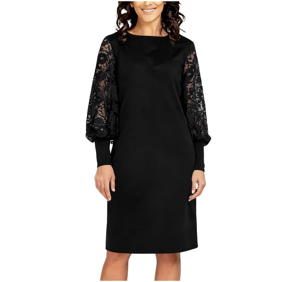 Mceream Womens Dresses Casual Lace Puff Long Sleeve Lace Puff Cocktail Dresses Wedding Guest Party Crew Neck Long Sleeve Dress Mother Of The Bride Dresses Black XXL