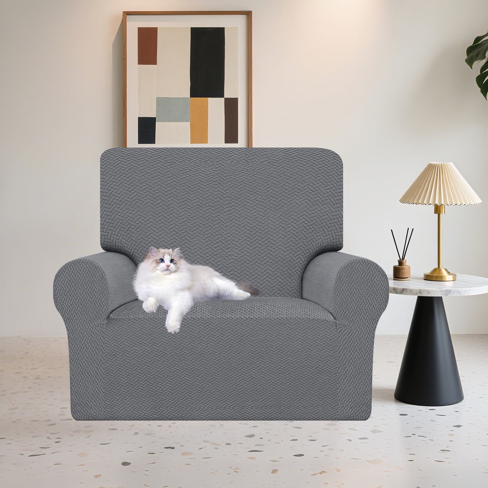 Debonair Stretch Jacquard Couch Cover with 1 Pillowcase, 1-Piece Soft Sofa Cover, Sofa Slipcover with Anti-Slip Foams, Washable Furniture Protector for Pets (Chair, Dark Gray)