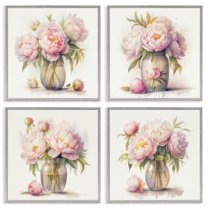 Stupell Industries Pretty Pink Peonies Plants & Flowers Painting Gray Framed Art Print Wall Art, 17 x 17, Set of 4