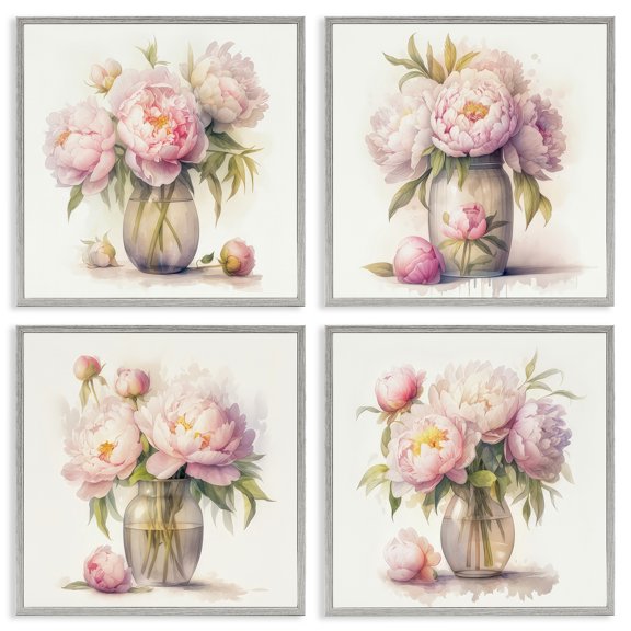 Stupell Industries Pretty Pink Peonies Plants & Flowers Painting Gray Framed Art Print Wall Art, 17 x 17, Set of 4