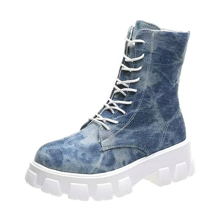 Lilgiuy Women Lace-up Shoes Retro Western Boots Casual Warm Low Heels BootsLight Blue 6 Fall Fashion 2022 Spring Winter