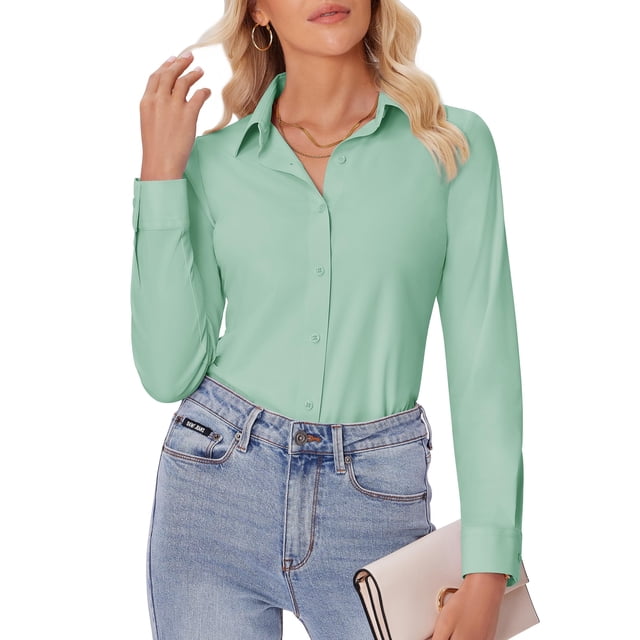 Camisa con botones Siliteelon para mujer de manga larga, color verde claro
