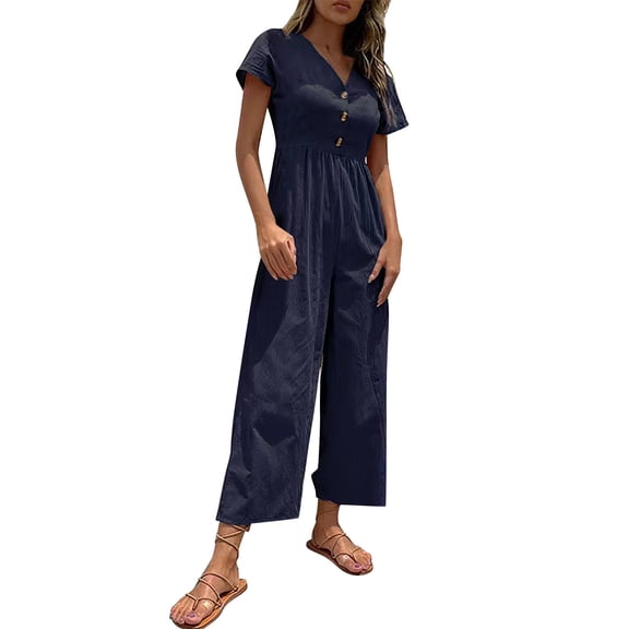 Jumpsuits for Women Casual Solid Color Short Sleeved Button Down Wide Leg Cropped Rompers,Blue,L