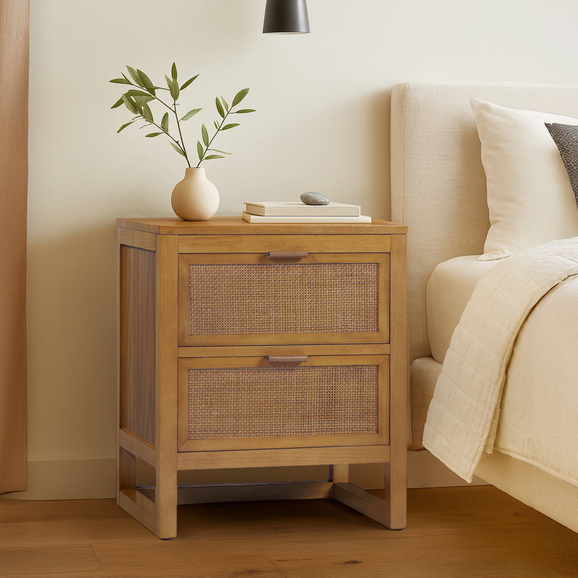 Teamson Home Hatteras Modern 2-Drawer Nightstand with Natural Rattan and Solid Wood Frame