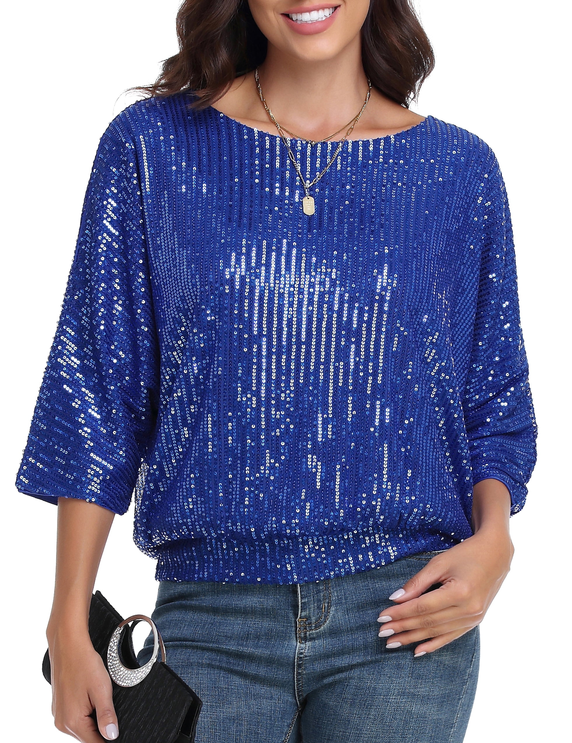 PrettyGuide Women's Sparkle Sequin Top Cold Shoulder 3/4 Batwing Sleeve