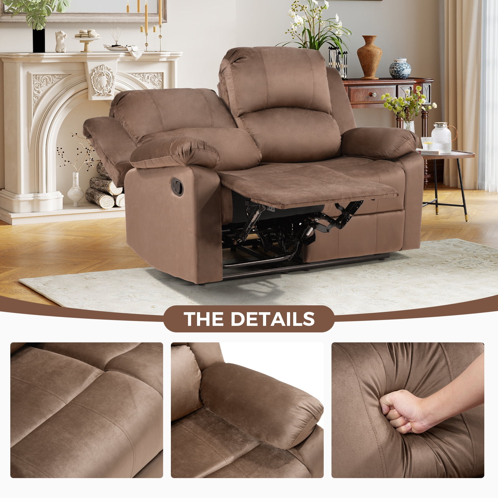 Bonzy Home Manual Loveseat Recliner Sofa — Soft 2-Seat Reclining Couch with Overstuffed Arms & Back, Brown