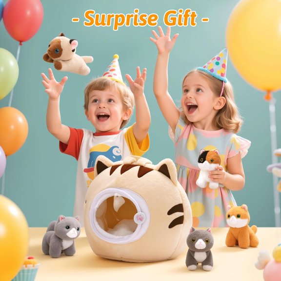 Plush Kitten Toy Set with 4 Soft Cats - Interactive & Travel-Friendly Stuffed Animal House for Toddlers & Kids