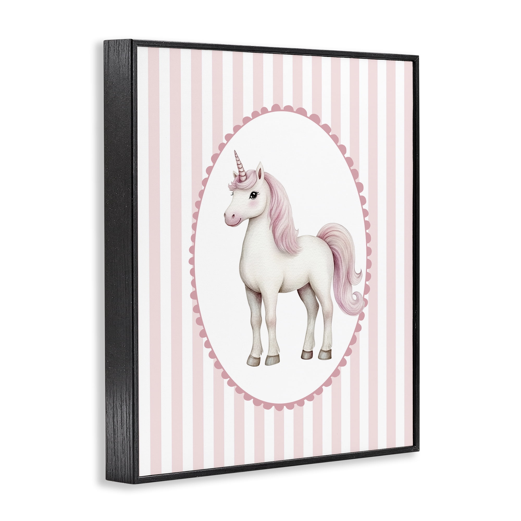 Gentle Unicorn on Pink Stripes Black Framed Giclee Art, design by Christine Simpson Art