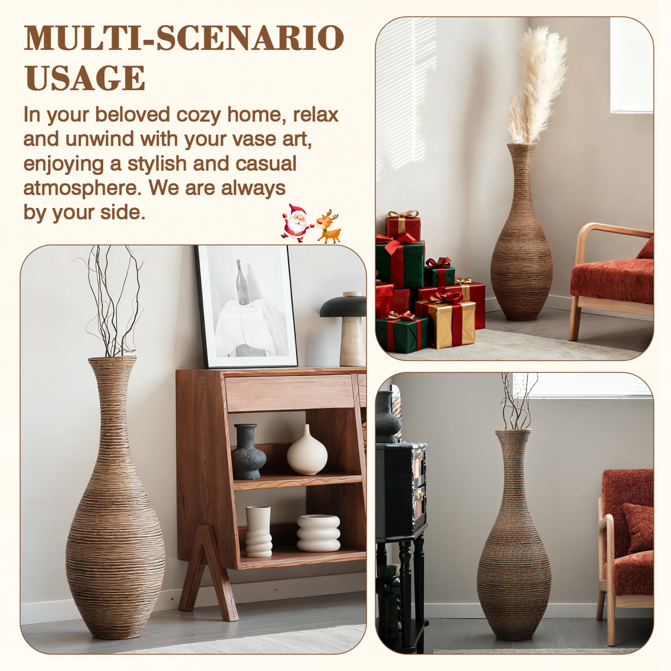 Noble House 39.37" Tall PVC Rattan-Look Floor Vase, Hand-Woven Decorative Vase for Home Decor, Beige+Gray