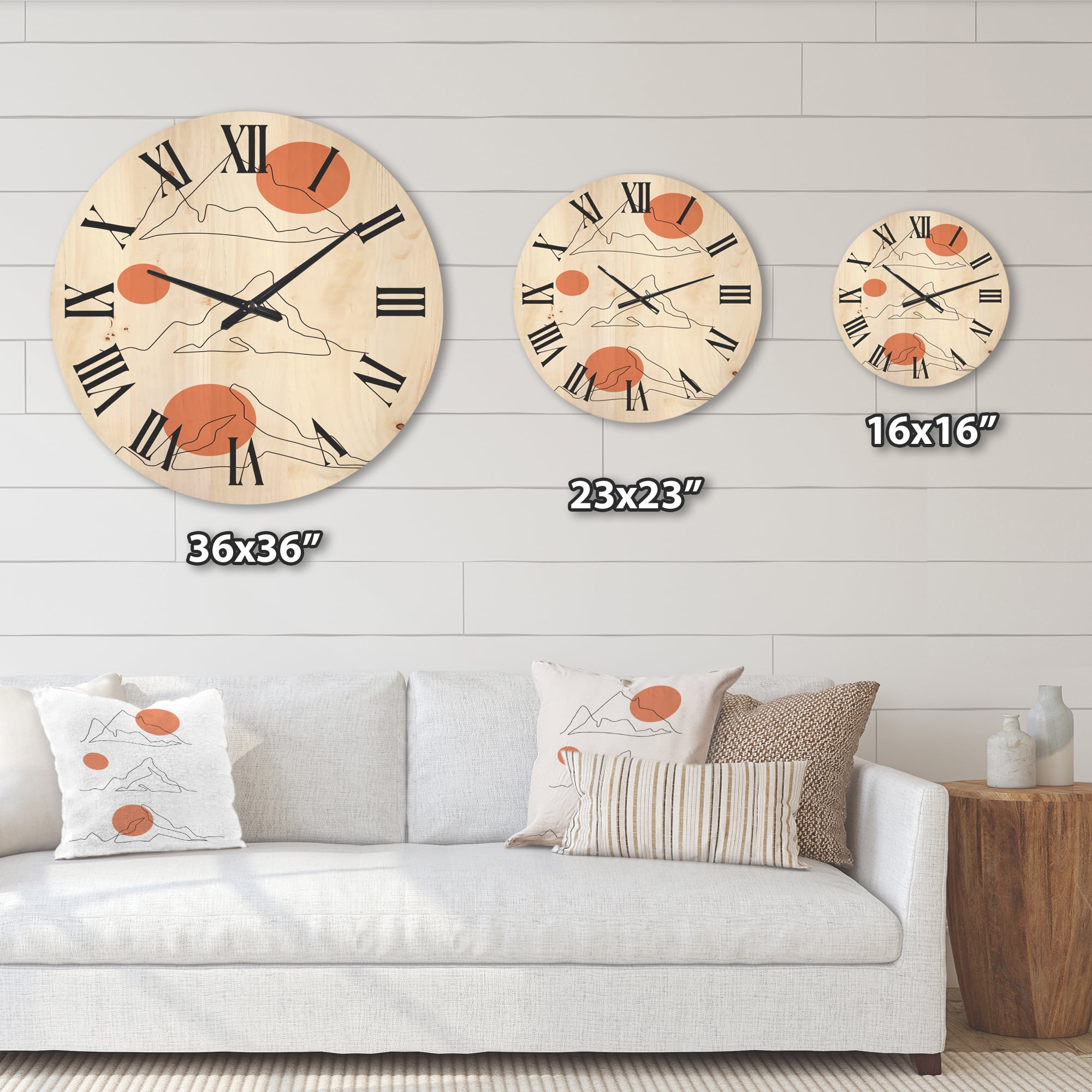 Designart 'Abstract Red Moons With Mountain Range' Modern Wood Wall Clock