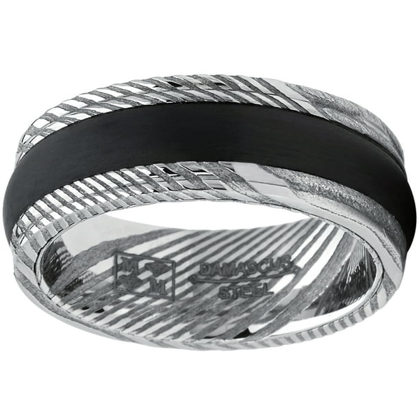 Bague en acier damas pour homme incrustation en fibre de carbone