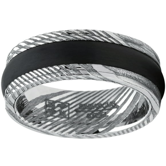Men's REAL Ribbed Damascus Steel Ring Comfort Fit Band With Solid Carbon Fiber Wedge Inlay 8mm 7