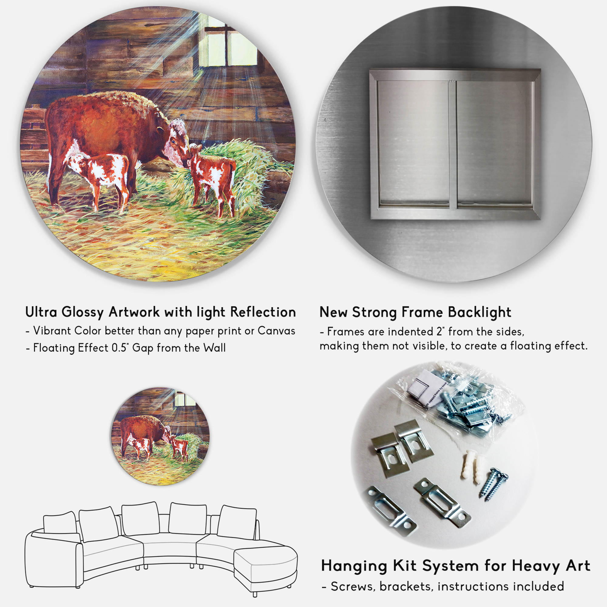 Designart 'Newborn Twin Calves With Cow At The Farm' Farmhouse Circle Metal Wall Art 29x29 - Disc of 29