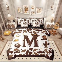 Manfei Kawaii Cowgirl Cowboy Twin Bedding Sets 7-Piece for Kids, Initial M Letter Bedding Comforter Set, Leopard Cheetah Print Reversible Sheet Sets, Breathable Home Decor