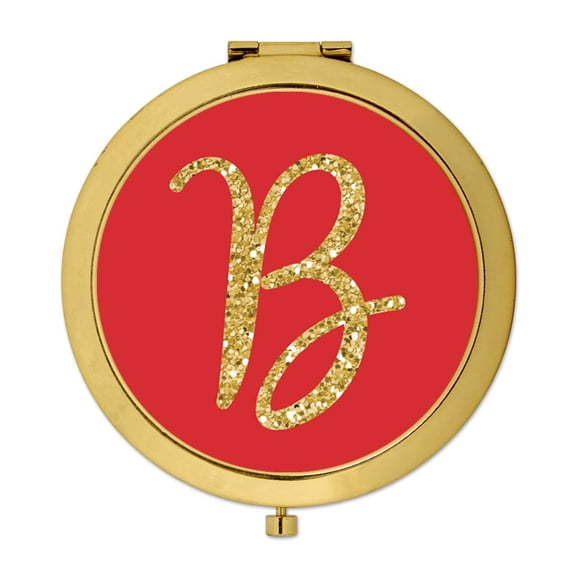 Koyal Wholesale Gold Compact Mirror Bridesmaid's Wedding Gift, Red with Faux Gold Glitter, Monogram Letter B, 1-Pack
