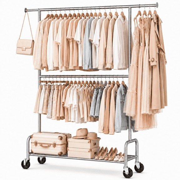 UNTIMATY Heavy Duty Clothes Rack, Double Rod Clothing Rack for Hanging Clothes, Rolling Garment Rack, Adjustable Freestanding Wardrobe Closet Coat Rack for Bedroom Laundry Living Room, Silver