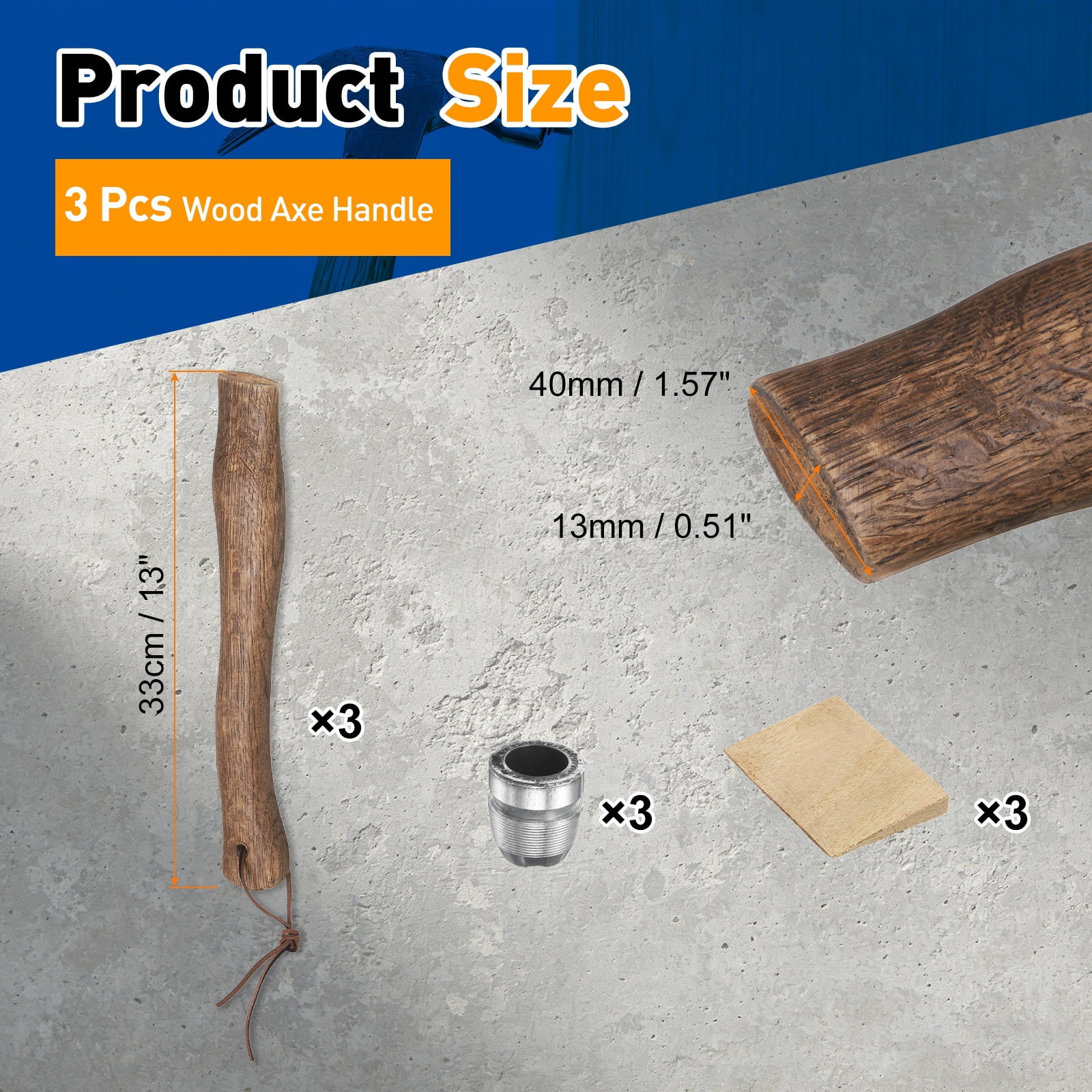 Uxcell 3pcs Wood Axe Handle Replacement 13" Universal Hickory Hatchet Handle with Wooden and Round Wedge for Camping Gardening Axe