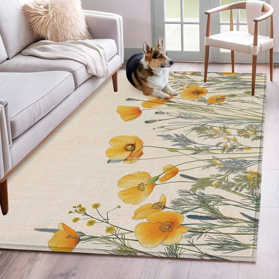 Minimalism Yellow Floral 3x5 Area Rugs for Living Room, Watercolor Plants Linen Background Non Slip Floor Mat Washable Low-Profile Indoor Carpet for Bedroom, Dining Room, Bathroom