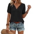 thumbnail image 2 of Women's Short Sleeve Tops Summer V Neck Tshirts Linen Vintage Casual Tees, Black XL, 2 of 6