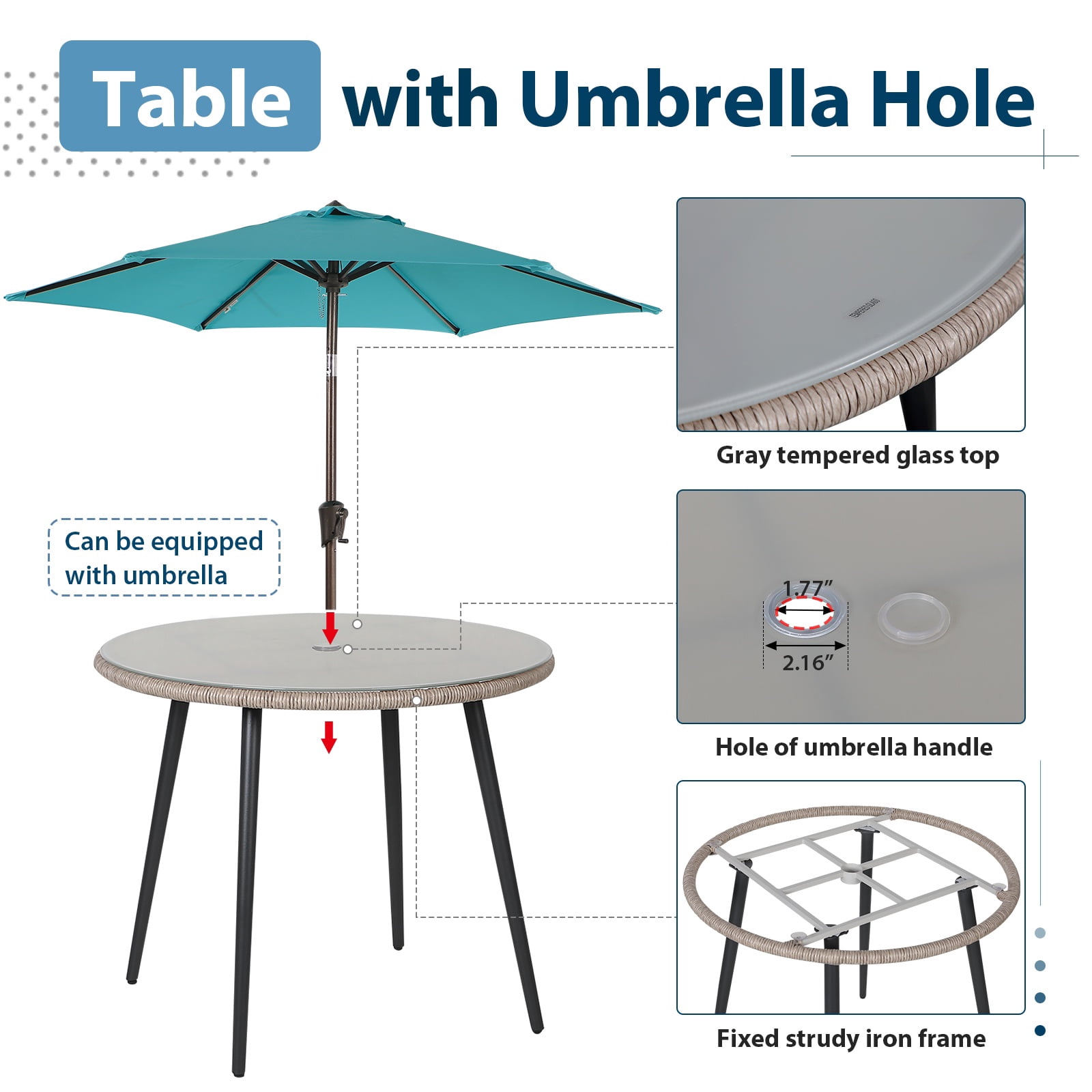 JOIVI 5-Piece Outdoor Patio Dining Set with Rattan Dining Chairs for 4-Person & Tempered Glass Table, 2.16” Umbrella Hole, Tan