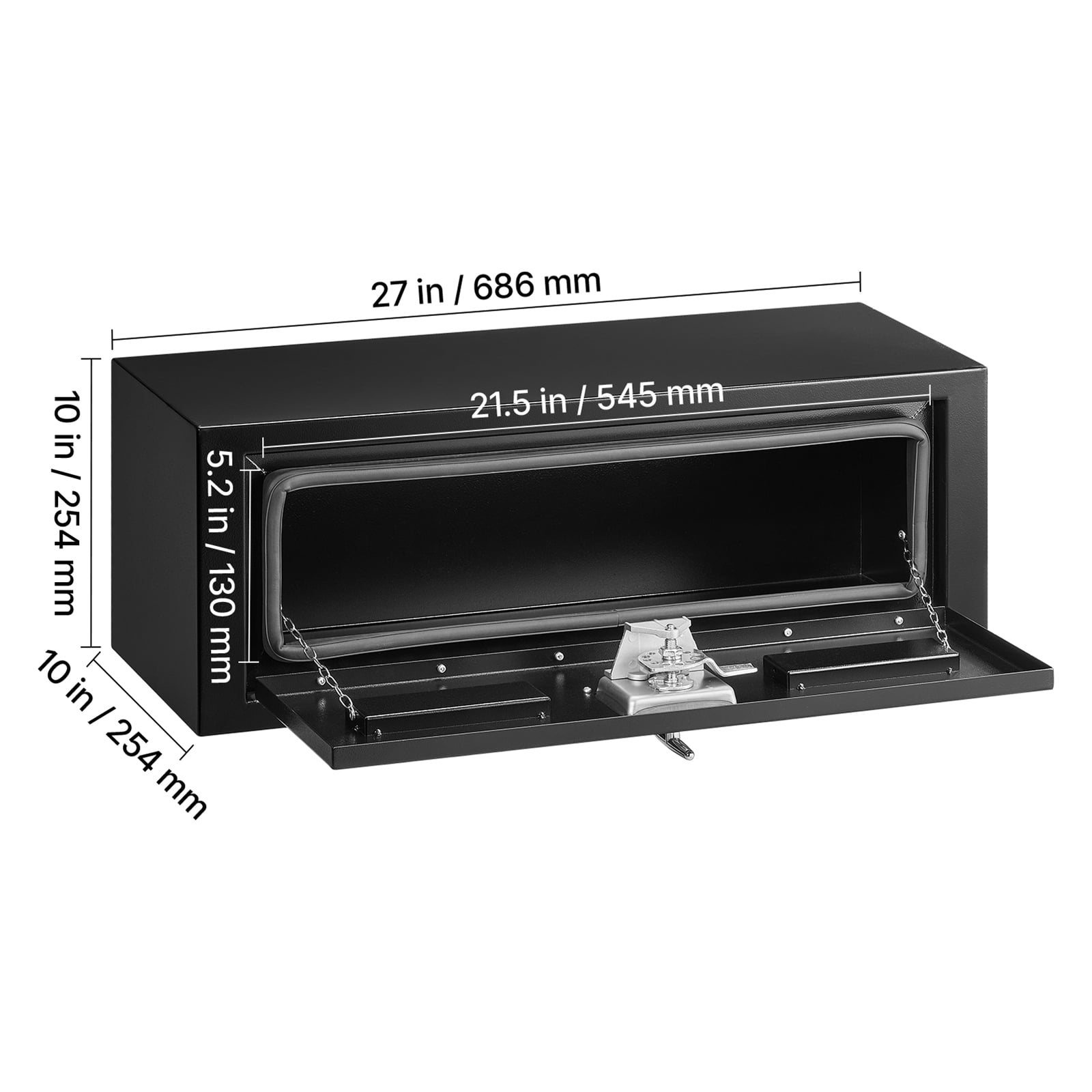 KFFKFF 27 x 10 x 10 Inch Steel Underbody Truck Tool Box, Durable Trailer Storage Chest with Lock & Keys, Weather-Resistant Organizer with T-Handle for Trucks, Vans, SUVs, Black