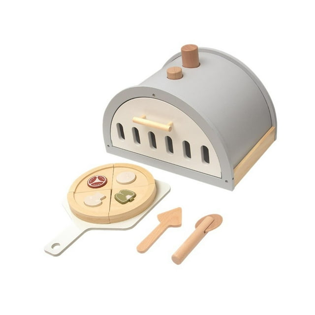 juego de juguetes de pizza de madera, juego de simulación, accesorios de cocina, juguetes realistas, juguetes de aprendizaje, creativos para niños y: set multicolor en vista 3/4 con horno de madera de forma curva gris y base natural, pizza redonda dividida en cuatro porciones con ingredientes encajables, pala blanca y utensilios de madera; pensado para juego de roles y desarrollo social, también apto para actividades de conteo y clasificación; paquete 32 x 20.5 x 22.5 cm.