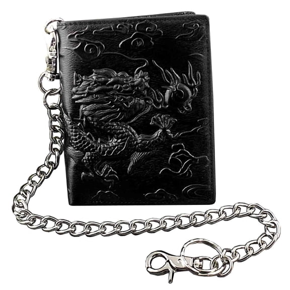 Men Real Leather Vintage Dragon Wallet Card Holder Purse With Chain Black