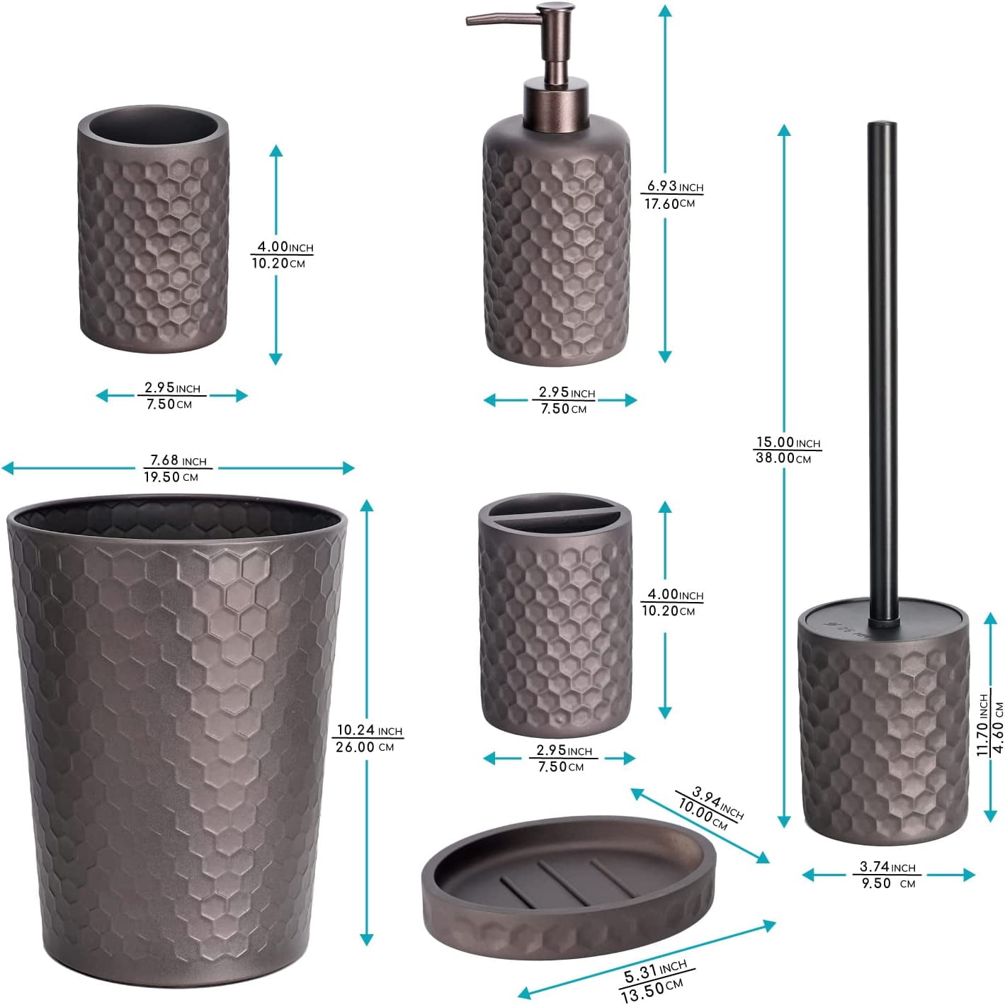 Bathroom Accessory Set - 6 pcs Bronze Bathroom Accessories Set with Trash Can, Toothbrush Holder, Toothbrush Cup, Soap Dispenser, Soap Dish, Toilet Brush with Holder - Accessoire Salle de Bain