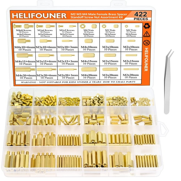 HELIFOUNER 422 Pieces M2 M3 M4 Male Female Hex Brass Spacers Standoffs Screws Nuts Assortment Kit Threaded Pillar for Printed Circuit Board Motherboard