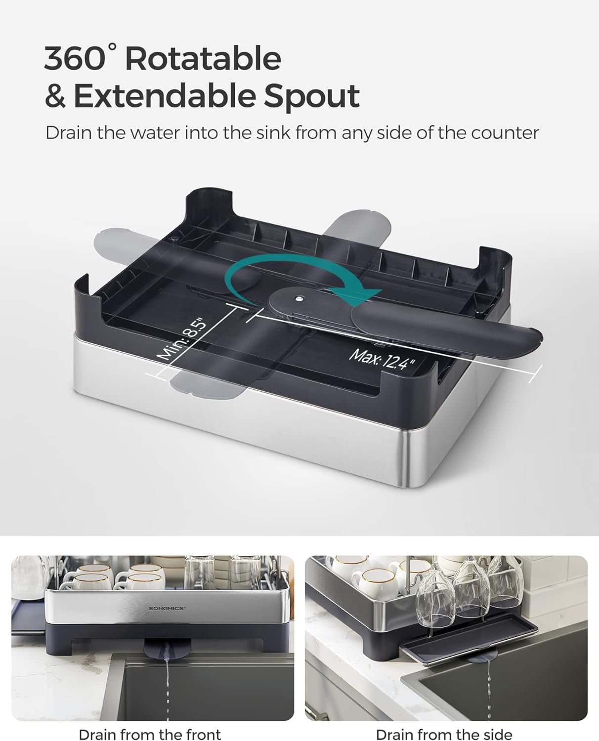 2 Tier Dish Drying Rack, for Kitchen Counter with Rotatable Drain Spout, Silve and Gray