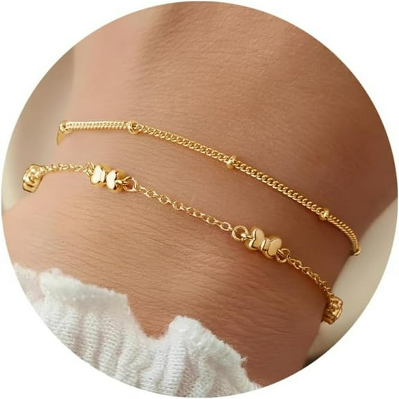 Turandoss Gold Plated Chunky Bow Bracelets for Women Dainty Cute 14K Gold Butterfly Bracelet Double Layered Bracelet Stackable Bracelet Set Birthday Gift for Wife Mom Non Tarnish Jewelry Fashion