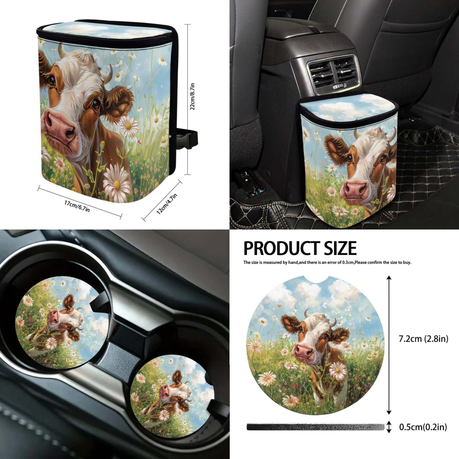 Jeiento Cow Car Seat Covers Full Set with Steering Wheel Cover Seat Belt Strap Cover Flowers Car Garbage Bag Rearview Mirror Protective Cover Cup Coasters Keychain Lip Gloss Holder 13 Pack