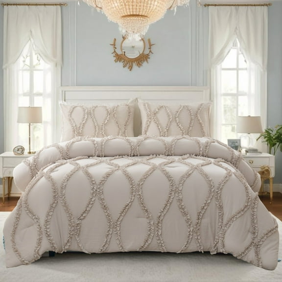 Shabby Chic Ruffle Comforter Set Queen Size,Country Farmhouse Bedding Sets,Ruffled Queen Shabby Chic Comforter Bed Set Beige Grey 3 Pcs Ruffle Bedding for Women Girls All Season Lightweight Comforter