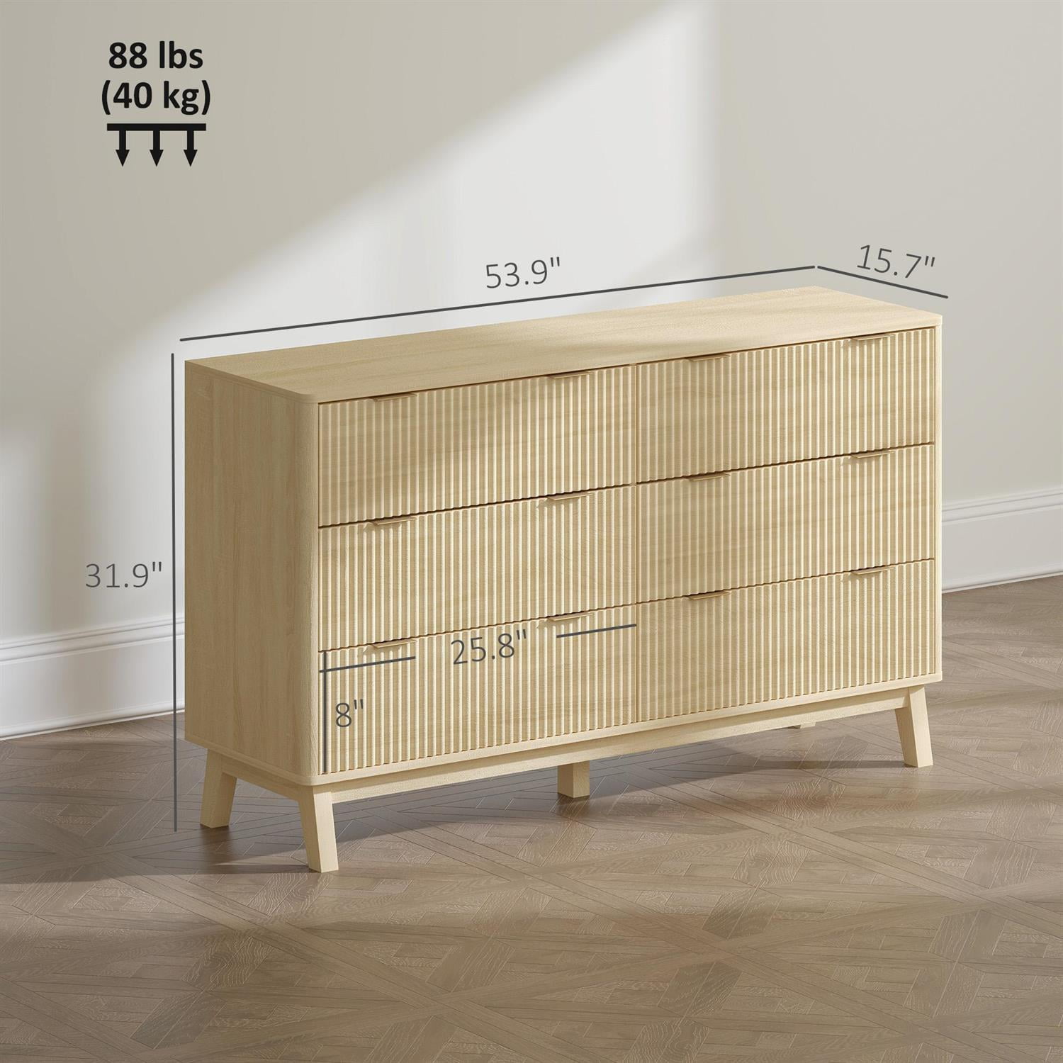 Demi Bonn 6 Drawer Dresser for Bedrooms with Wood Legs and Gold Pulls, Storage Fluted Chest, Beige