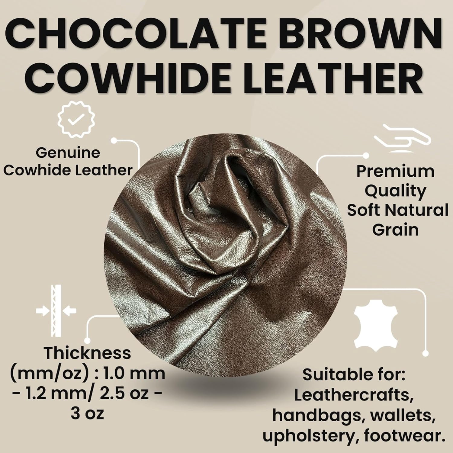 ArtisanCowhides Soft Natural Grain Cowhide Nappa Leather for Crafts Projects– Chocolate Brown 10 SqFt - 3.0 - 3.5 oz (1.0 to 1.2mm)