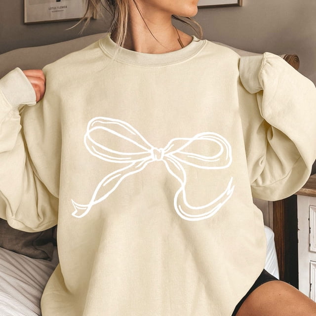 TIMIFIS Chandail en Molleton Surdimensionné pour Femmes Imprimé Nœud Mignon Col Rond Manches Longues Chandails Tenues Décontractées Printemps Automne Hauts pour Femmes - Printemps/été