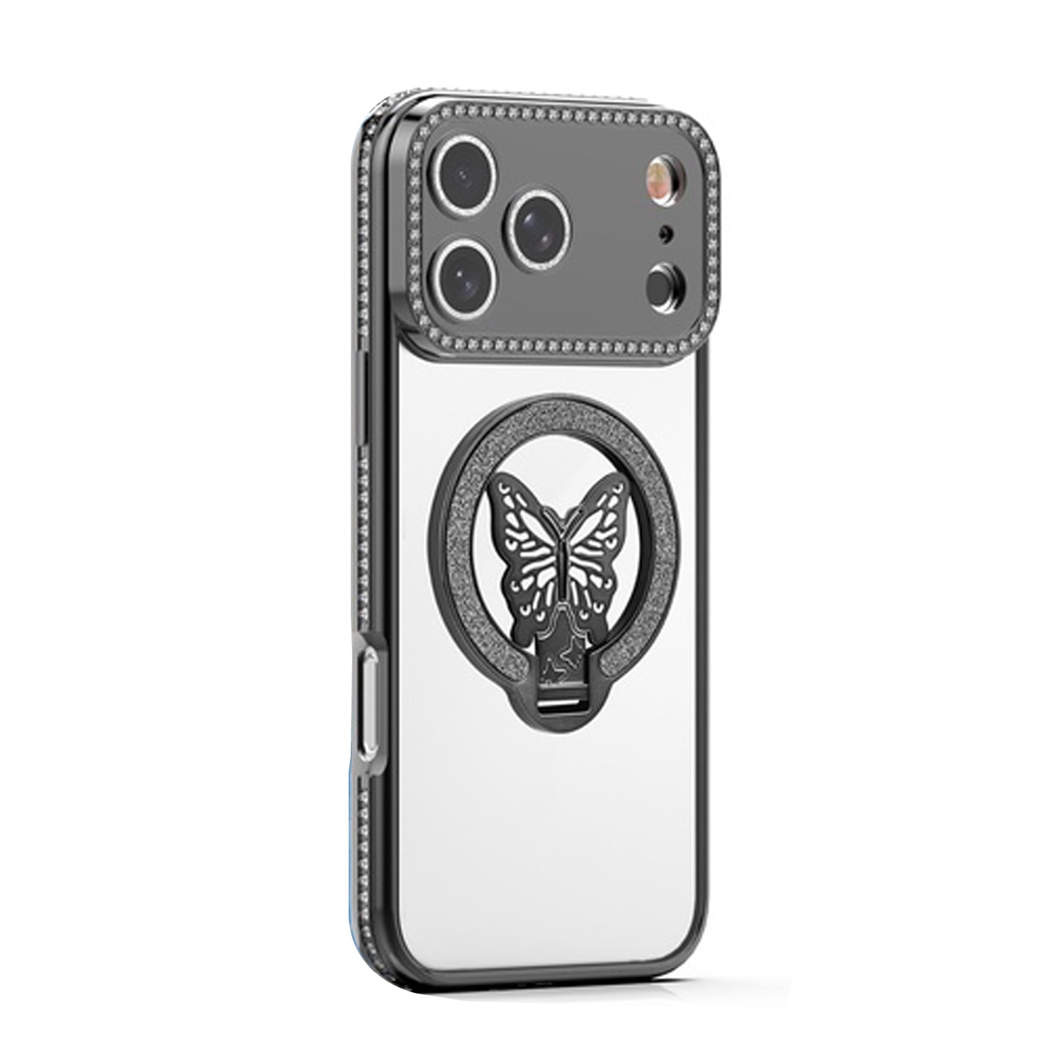Shiny Butterfly Stand Case for iPhone 17 Pro Max - Black