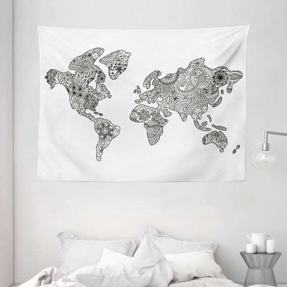 Earth Tapestry, Floral Pattern As World Map Continents Authentic Stylized Modern Design, Wall Hanging for Bedroom Living Room Dorm Decor, 80W X 60L Inches, Black White, by Ambesonne