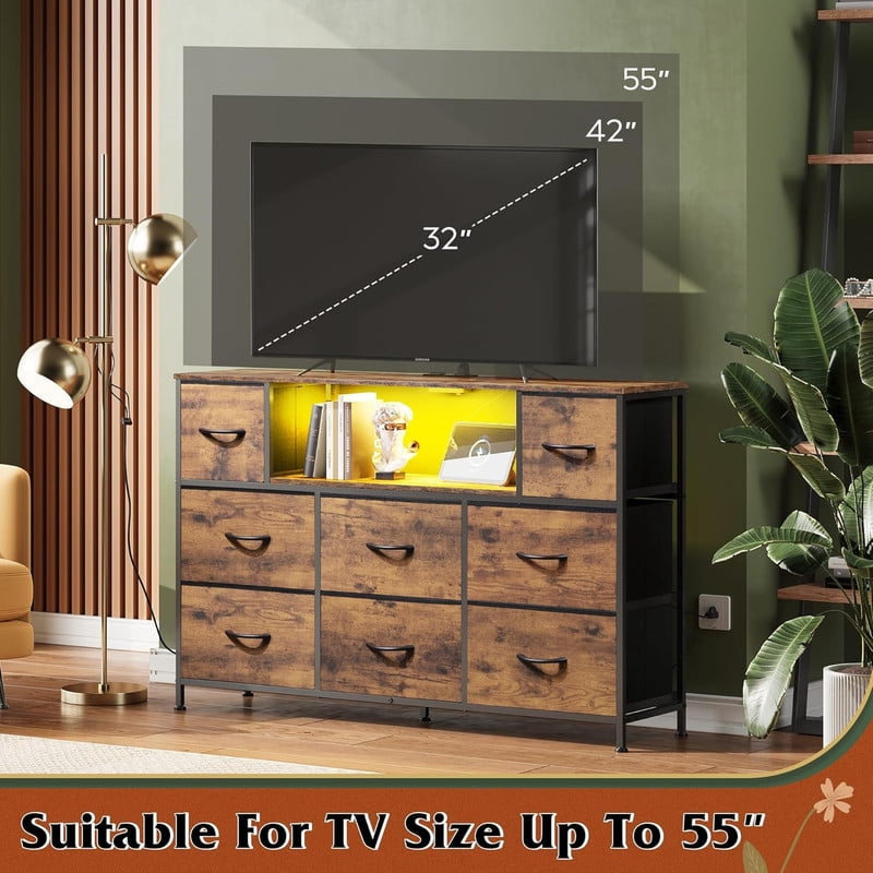 Bigleap LED TV Stand with Charging Station, Music-Sync Light Up Entertainment Center, 8 Fabric Drawer Dresser for Bedroom & Living Room, Brown(Fits 45-55 inch TV)