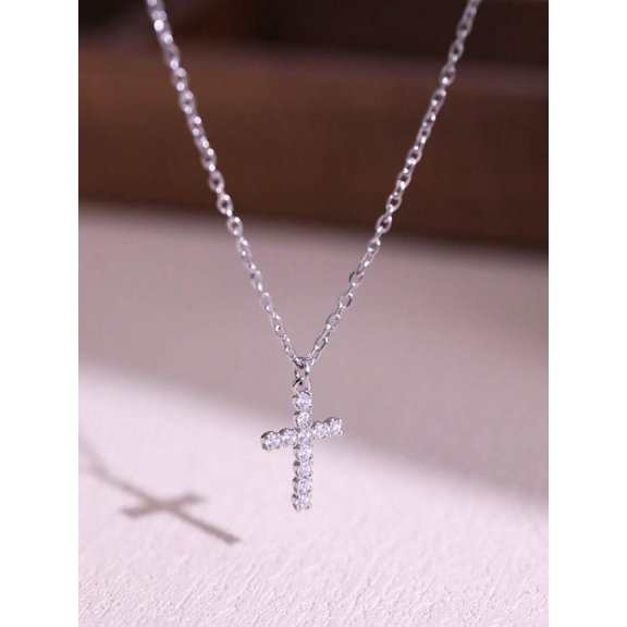 Silver Stainless Steel Cross Pendant Necklace With Cubic Zirconia For Women