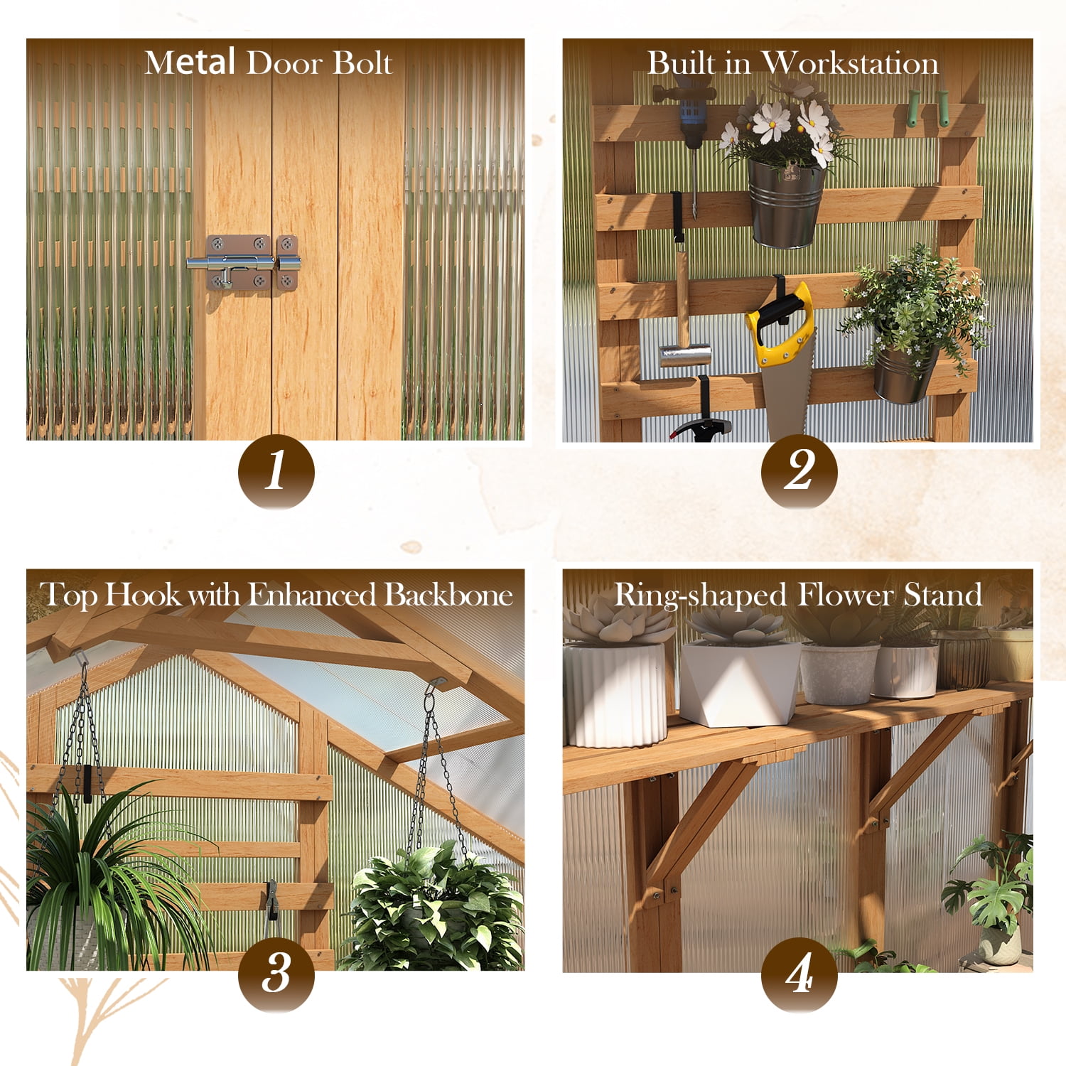 AECOJOY 6x7 FT Wooden Greenhouse For Outdoors,Walk-in Garden Greenhouse with Plant Stand with Polycarbonate Panels for Backyard or Patio
