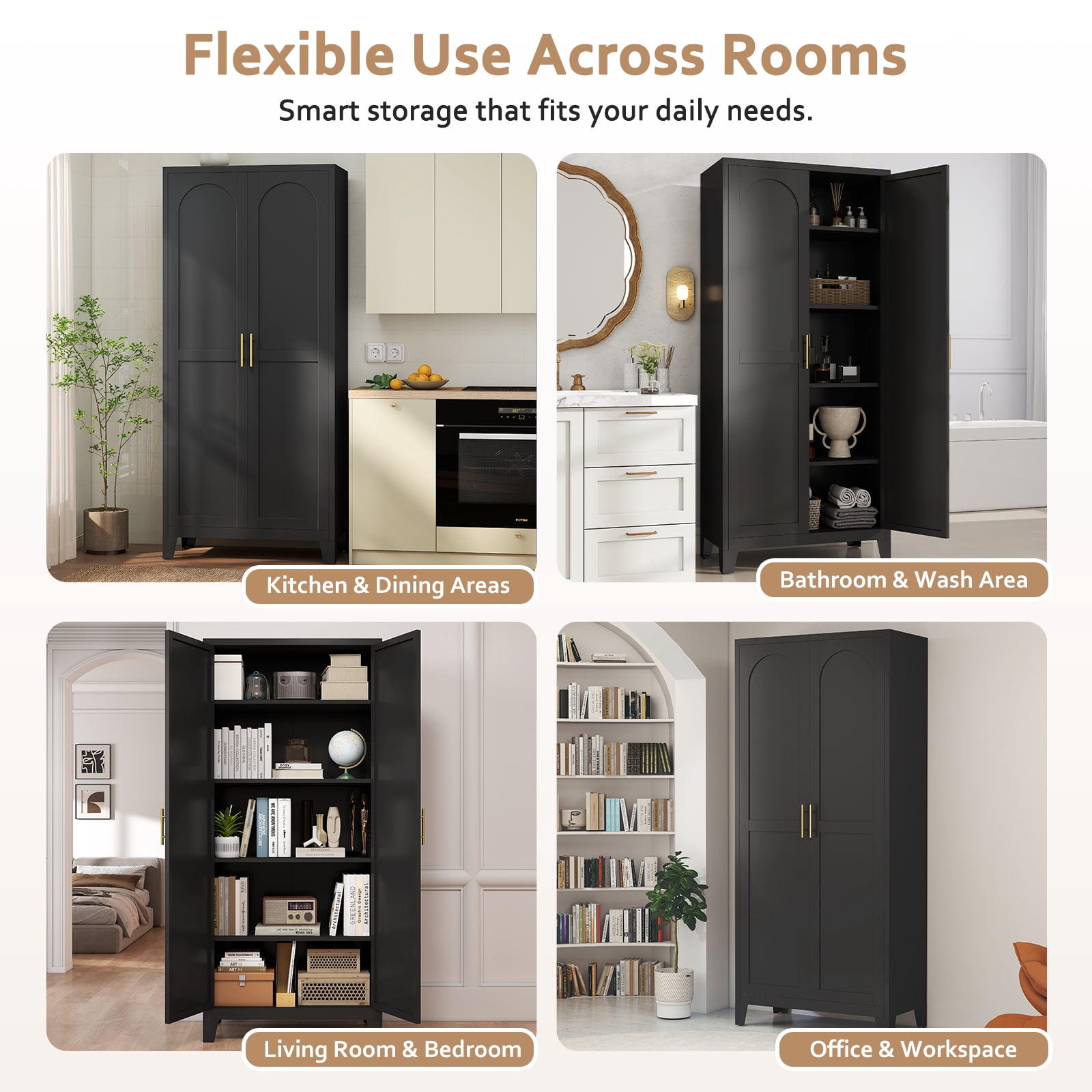 LIZEVINC 71.2in Pantry Cabinet, Metal Shapely Doors Cabinet with Doors and Adjustable Shelves, Food Pantry Cabinet for Kitchen,Dinning Room- Assembly Required(Black)
