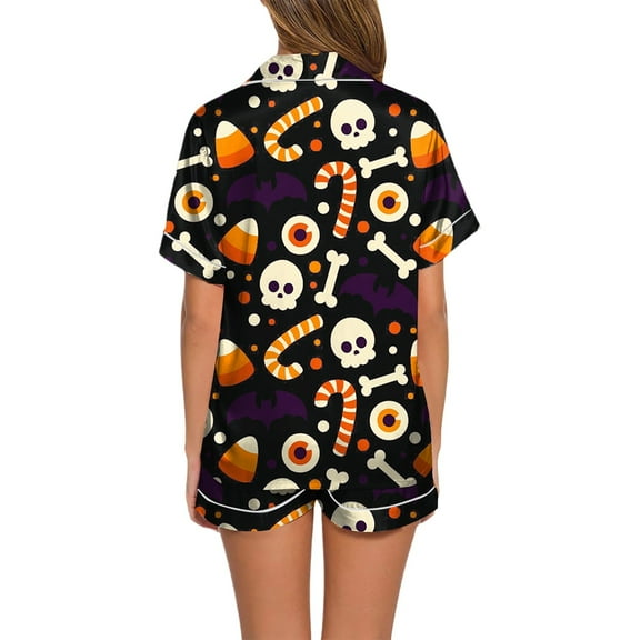 CONFREE Womens Halloween Pajamas Short Sleeve Cartoon Pumpkin Ghost Satin Sleepwear Tops Pants Hallowmas Pjs For Women Cozy Nightwear