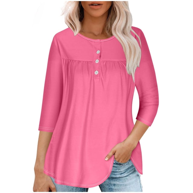RXIRUCGD T-shirt d'Été Décontracté pour Femmes Manches Trois-Quarts Col Rond Froncé Blouse, Rose, Taille : TG
