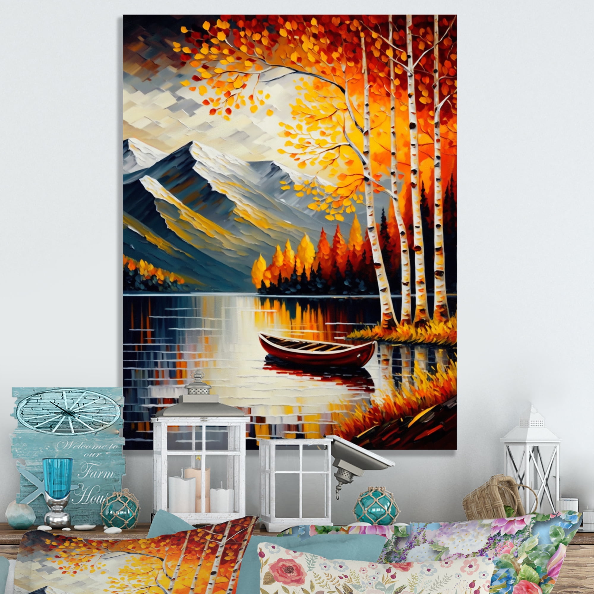 Designart Red And Orange Birch Trees By The Lake II Canvas Wall Art