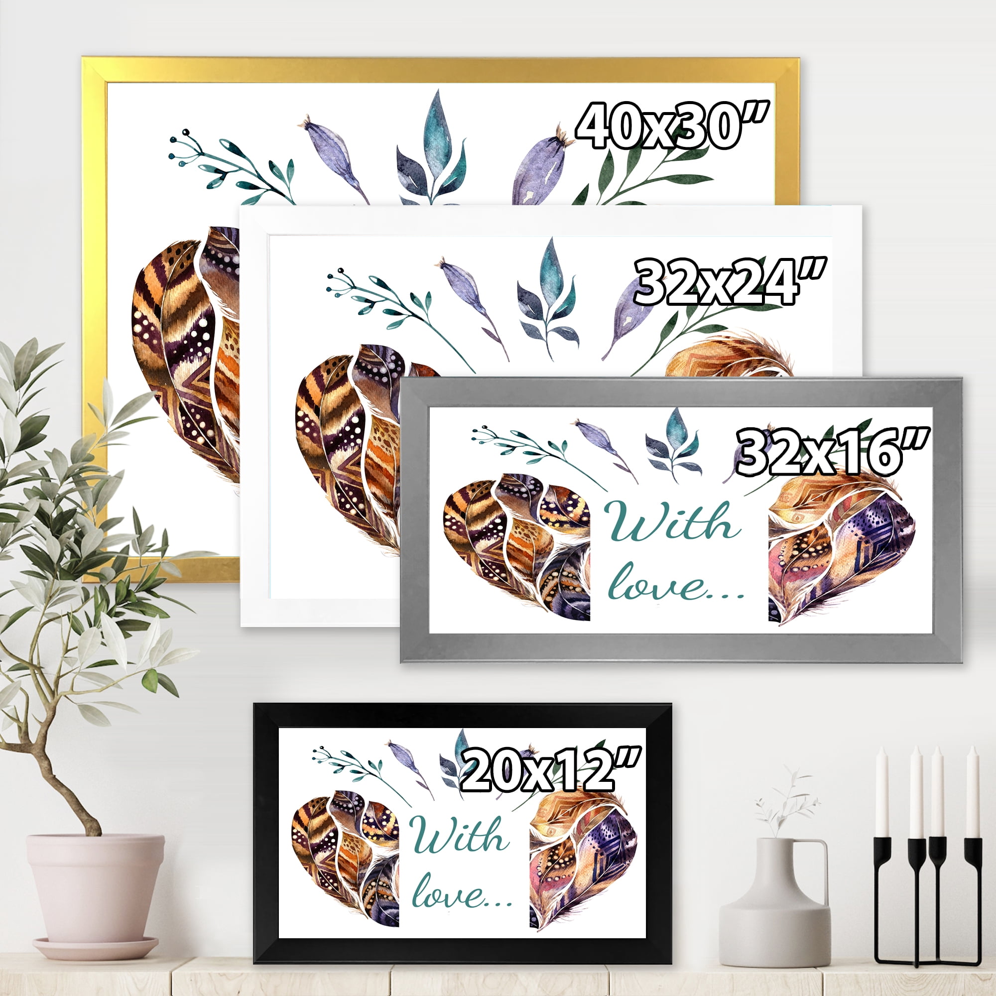 Designart 'Hearted Shaped Feathers With Love' Traditional Framed Art Print